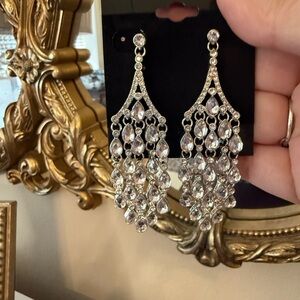 Statement Chandelier Earrings Silver Tone Rhinestone Dangle Bridal Prom Formal